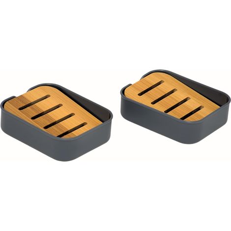 – Lot de 2 – Porte-Savon en Plastique avec étagère inclinée en Bambou Naturel – Porte-Savon de Salle de Bain - Gris (1/5)
