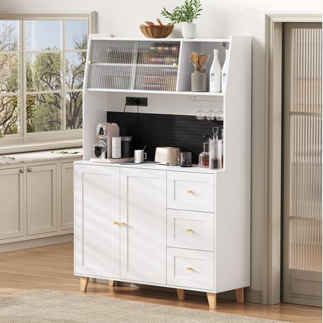 Mobile bar alto 120x40x184 cm bianco in MDF con vetro scanalato, prese integrate, portabicchieri e cassetti (1/5)