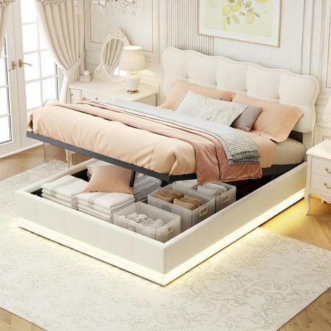 Letto contenitore matrimoniale 140x190 cm, con testiera a forma di nuvola, striscia luminosa a LED sotto il letto, velluto, rete a doghe, adatto per adulti e adolescenti, letto imbottito con sistema i
