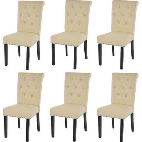 6er-Set Esszimmerstuhl Chesterfield Edinburgh II, Stuhl Küchenstuhl, Nieten Kunstleder, creme, dunkle Beine