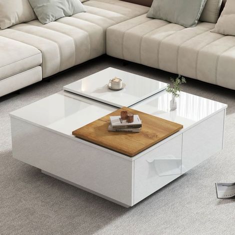 Table basse 80x80, plateau bois massif avec table basse salon, rangement intégré, plateau relevable (1/5)