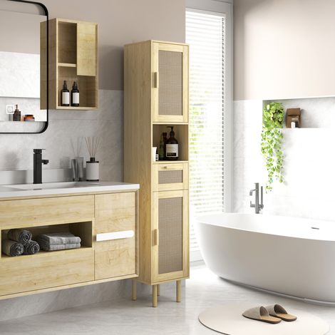 Colonne de rangement salle de bain en chêne avec portes rotin, meuble étroit 32x30x170 cm, 2 armoires et tiroir, placard design pour salle d'eau ou toilettes. (1/5)