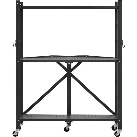 Mophorn Estantería plegable de 3 niveles, 71 x 33 x 91 cm, de metal, organizador resistente con ruedas y ganchos para despensa, cocina, garaje y sótano, color negro.