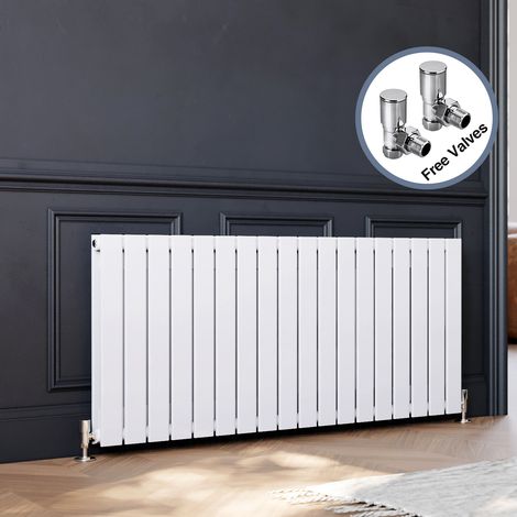 ELEGANT 600 x 1360 mm White Column Radiator Horizontal Double Flat Panel Designer Radiator with Angled Radiator Valves (1/5)