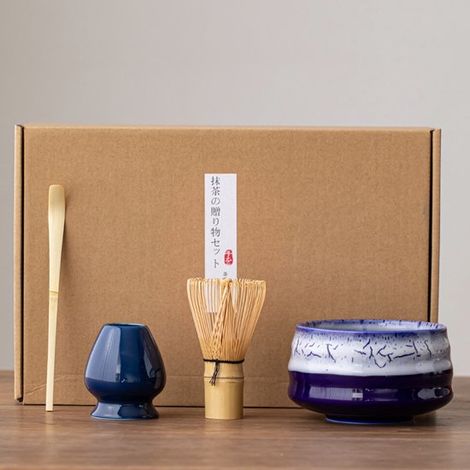 Service à thé Matcha en céramique - Service à matcha - Service pour la cérémonie du thé japonaise - Bol à matcha traditionnel - Fouet à matcha - Cuillère à thé - Porte-fouet - Bleu foncé - Lot de 4 pi (1/5)