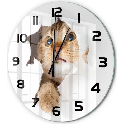 Horloge Murale Ronde Quartz Verre Trempé Design Moderne Salon Chambre Bureau Chat dans le trou fi 60 cm (1/5)