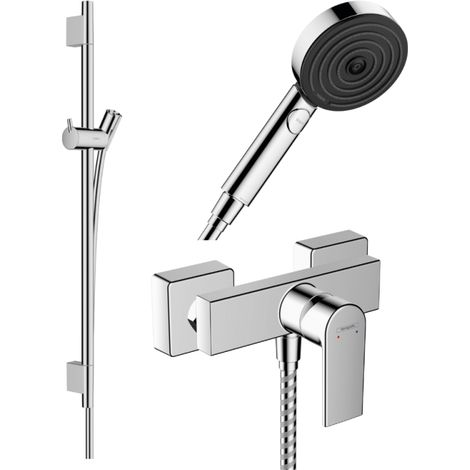HANSGROHE Pack mezclador de ducha mecánico Vernis Shape + barra Unica S Puro + flexible + rociador Pulsify Select 3 chorros cromado