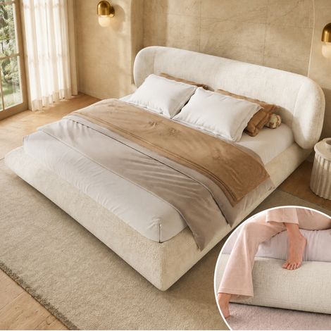 Cama doble 160x200 cm de chenilla beige con cabecero, sin colchón – MEUBLIV (1/5)