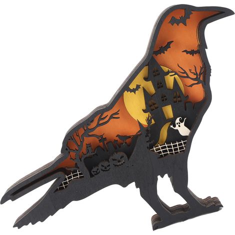 Ornement en bois sculpté avec lumière, sculpture animale 3D en bois avec lumières pour décorations d'Halloween, corbeau (1/5)
