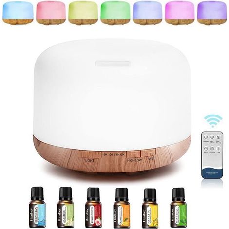 1 Diffuseur d'Huiles Essentielles 500ML, Humidificateur Ultrasonique, 7 LED, Télécommande, 6 Huiles, Salon Chambre
