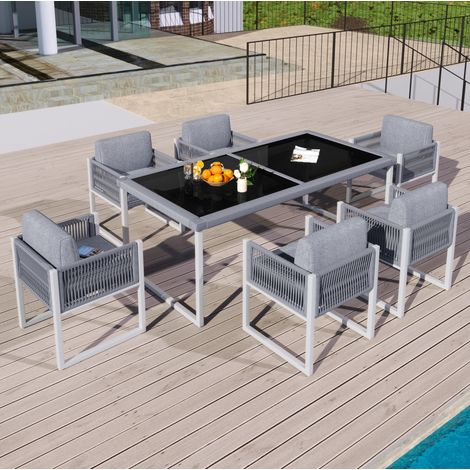 Salotto da giardino 7 pezzi con 6 sedie imbottite in corda intrecciata e tavolo in vetro temperato, grigio e bianco, per giardino e terrazzo (1/5)