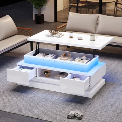 Couchtisch aus Spanplatte 100 x 50 x 40 cm weiß, höhenverstellbar bis 54 cm, mit LED und 2 Schubladen (1/5)
