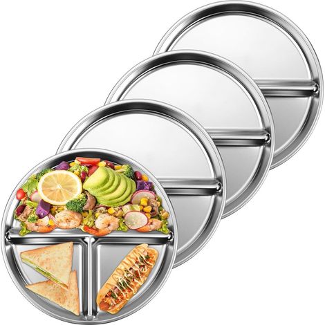 4er-Set Edelstahl-Kinderteller – Portionierteller für Erwachsene – Unterteilter Teller – Speiseteller – Geschirr – Unzerbrechliche Speiseteller – Gesunde Wahl – Für Erwachsene, Kinder, Camping – 20 cm (1/5)