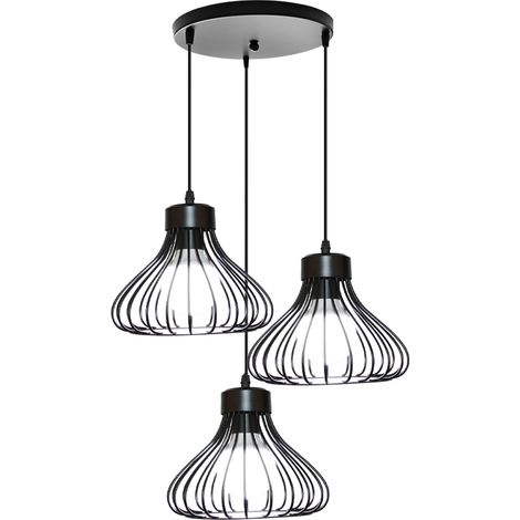 3-flammige Käfig Hänge-Leuchte Deckenlampe Industrial Moderne Lüster Edison E27 Metall Leuchte mit Verstellbarem Seil Pendelleuchte für Küche Wohnzimmer Restaurant Schwarz