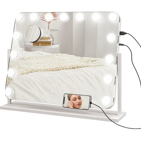 LED-Schminkspiegel mit einstellbarer Helligkeit, Vergrößerungsspiegel, USB-Ladeanschluss, 360°-Drehung, 63 x 50 cm