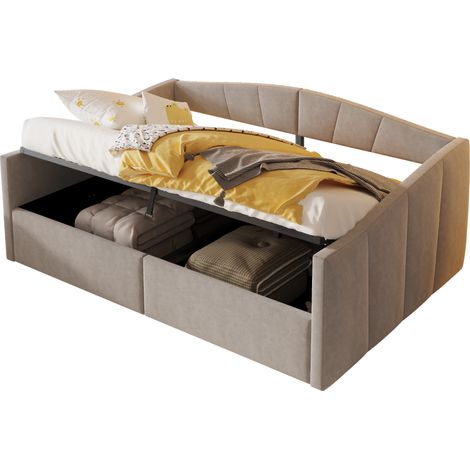 Schlafsofa Polsterbett aus Samtstoff hellgrau 140x200 cm mit hydraulischem Stauraum und Lattenrost (1/5)