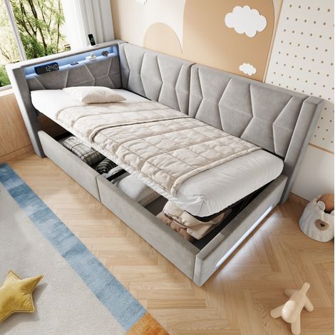 Letto contenitore 90x200 cm in velluto con LED, USB e Type-C, rete a doghe inclusa, grigio (1/5)