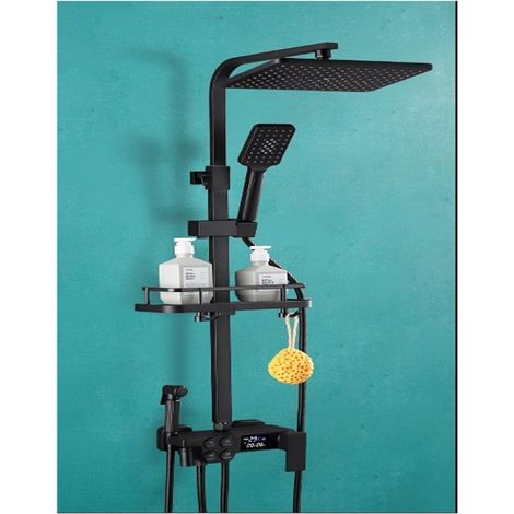 Ensemble de douche mitigeur thermostatique intelli Ensemble de douche noir en cuivre complet for salle de bain, bouton à double rangée, affichage numérique thermostatique, douche à main à 4 vitesses ( (1/5)