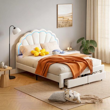 Letto  contenitore 140x200 cm in velluto bianco, letto imbottito con testiera a petalo, cassetto contenitore e LED atmosfera