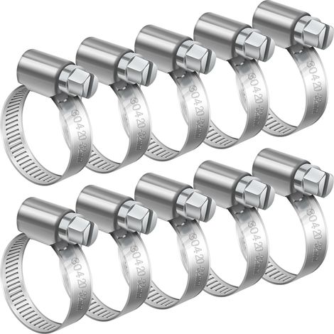 10 Pièces 20-32mm Collier de Serrage Réglable, Collier de Serrage Inox 304 Collier Serrage Métallique pour la Plomberie, Piscine, l'Automobile et les Applications Mécaniques