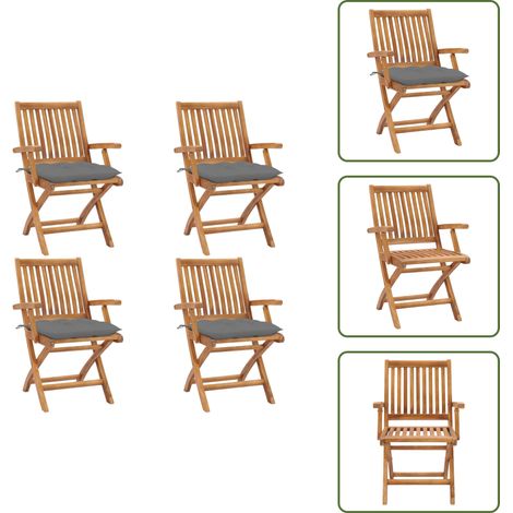 The Living Store Chaises pliables de jardin avec coussins lot de 4 Teck solide - Chaises de jardin teck (1/5)