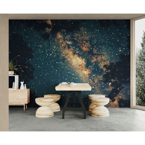 Papier peint galaxie – Ciel étoilé profond aux nuances dorées - 150 x 250 cm (1/2)