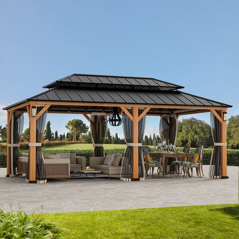 Modern Shade Pavillon 3.6x 6 m Holz Aussehen Wasserdicht Stabil Hardtop Pavillion mit Doppeldach,Gartenpavillon für Hinterhöfe, Gärten und Rasenflächen (1/5)