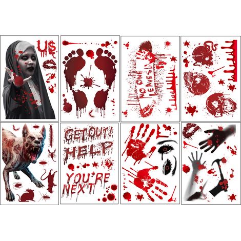 8 Feuilles Autocollant fenêtre, empreintes mains sanglantes, inscriptions effrayantes, décor Halloween maison (1/5)