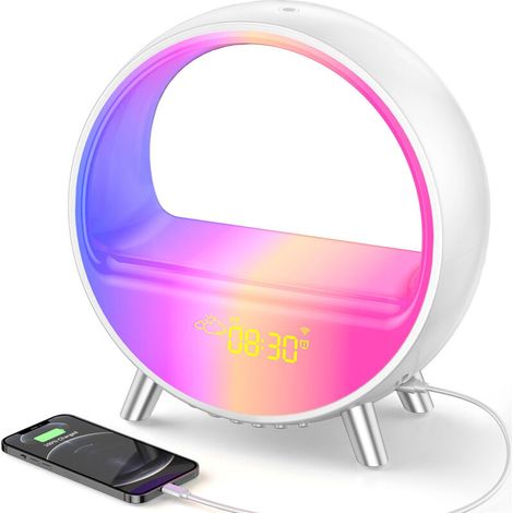 Lampe d'Ambiance Intelligente et Colorée avec Enceinte Bluetooth de Bureau - Réveil Électronique de Chevet, Veilleuse, Simulateur de Lever/Coucher de Soleil - Version Intelligente (App Tuya + Charge S