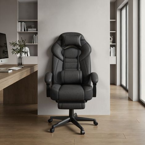 Fauteuil de Bureau Ergonomique avec Support Lombaire, Chaise Gaming en Suédine, Coussin de Tête Réglable, Noir