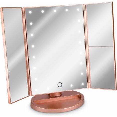 Miroir Lumineux LED 3 Faces à Poser - Miroir Maquillage Triptyque Pliable sur Pied avec Effet Grossissant x2 x3 - Pile ou USB - Rose doré (1/5)