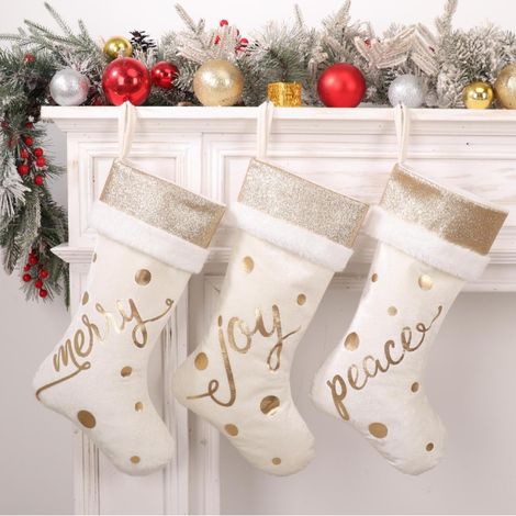 Lot de 3 chaussettes de Noël tricotées avec broderie dorée, 28 x 45 cm, motif flocon, grand format pour cadeaux (1/5)