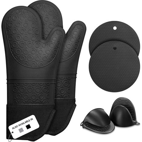 Gants de cuisine, résistants à la chaleur jusqu'à 230 °C, lot de 6, gants de cuisine extra-longs en silicone pour la cuisson au four, noirs (1/5)