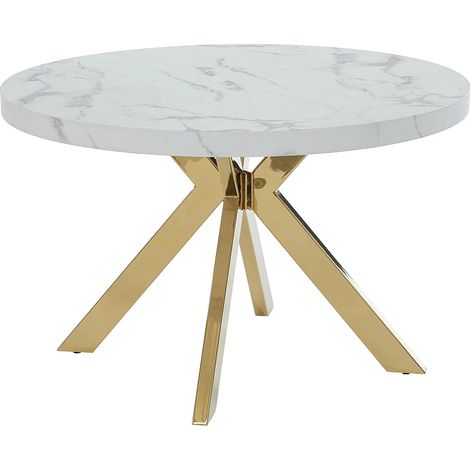 Vente-Unique – Table à manger extensible 4 à 8 personnes – MDF et acier – Effet marbre blanc et doré – 2 allonges amovibles – Pour intérieur (1/5)
