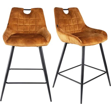 Lot 2 tabourets bar en velours jaune moutarde pied métal noir - BRANDY (1/5)