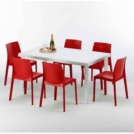 Tavolo Rettangolare Bianco 150x90 cm con 6 Sedie Colorate Rome Summerlife - Rosso
