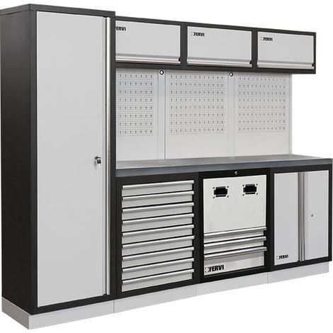 Mobiliario taller modular con tapa de acero inox armarios cajones. Fervi A008U