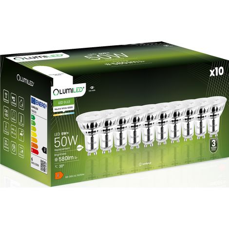 10 lampadine LED GU10 Spotlight PAR16 6W = 50W 580lm 4000K Neutro 38° LUMILED