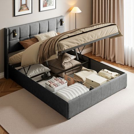 Lit Coffre 140 x 200 cm, Lit 2 Personnes 140 x 200 cm avec Sommier, Lit Adolescents Capitonné, Tête de Lit avec Liseuse Intelligente, Velours, Gris (1/5)