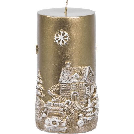 Kerze MagicHome Weihnachten, 7x12,5 cm, golden, mit 3D-Landschaft (1/2)
