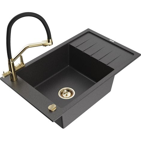 Mexen Elias fregadero de granito de 1 seno con escurridor y grifo de cocina Duo, negro moteado - 6511-76-671701-57-G (1/5)