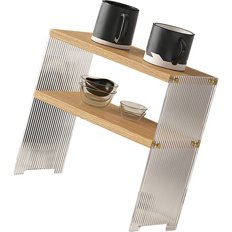 Étagère de rangement pour tasses à café, support stable, grande capacité, organisateur de comptoir pour salon et chambre, couleur bois, 2 niveaux (1/5)