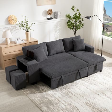 Canapé d'angle 3 places convertible réversible, canapé-lit modulable avec ports USB, coussins, tablettes latérales et espace de rangement intégré