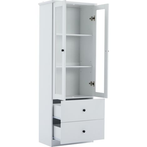 Vitrine moderne blanche mate 165 cm avec éclairage LED, 2 tiroirs et étagères réglables, MDF et verre trempé (1/5)