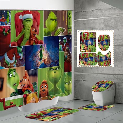 Rideau De Douche De Noël - Grinch - 72 X 72 Pouces - Imprimé Festif - Ensemble 4 Pièces Avec Crochets (1/3)
