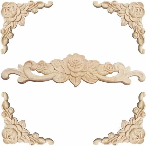 Dekorative Holzleiste, 5-teilig, Holzschnitzerei, dekorative Holzleiste, Applikation, dekorative Rosette, florales Holzschnitz-Aufkleber, dekorative Ecke, geschnitzt für Möbeldekoration