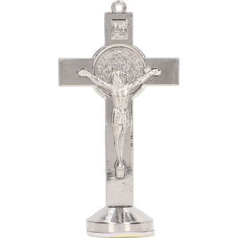 Crucifix argenté en alliage de zinc poli brillant, ornement compact à poser pour décoration voiture (1/5)