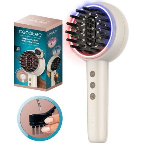 Brosse Réparatrice Cecotec avec Microcourants EMS, Lumière LED Rouge et Bleue HairCare Revitalize TotalCare. Applicateur de Sérum et 5 Niv