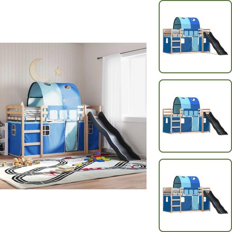 Cama con cortinas - vidaXL Litera con tobogán y cortinas azul 90x190 cm - Cama de madera