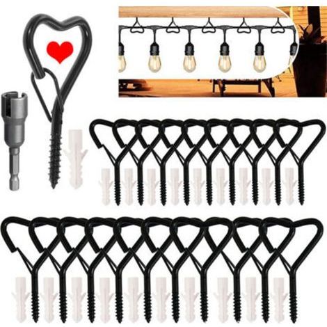 [JAMAIS UTILISÉ] Lot de 20 crochets à visser avec boucle de sécurité, crochets pour lumières extérieures, crochets muraux pour suspendre plantes, tasses, carillons, pots de fleurs (type cardioïde noir (1/4)